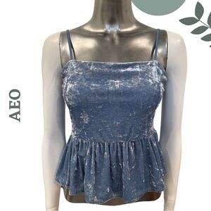 🛍️3/$40 AEO Blue Velour Peplum Cami Spaghetti Strap Crushed Velvet Look – Size M